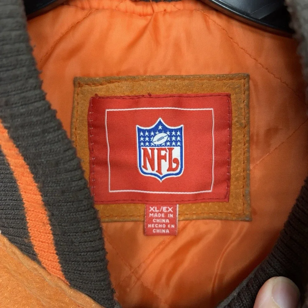 Cleveland Browns Leather Jacket Mens XL Orange Brown Logo NFL Zip Up Embroidered